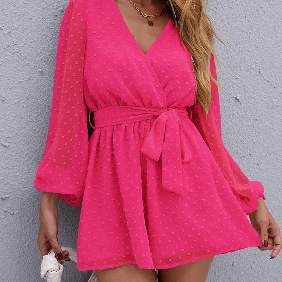 Pink Boho Womens Surplice Neck Lantern Sleeve Belted Swiss Dot Chiffon … - Picture 5 of 5